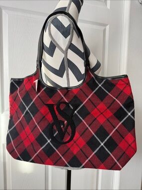 Victoria’s Secret Red & Black Plaid Tote Bag with VS Monogram Accent